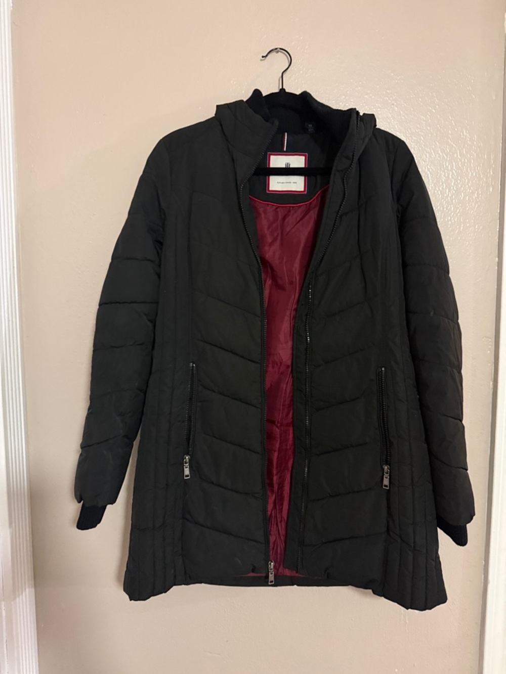 Tommy Hilfiger Black Puffer Coat with Red Interior